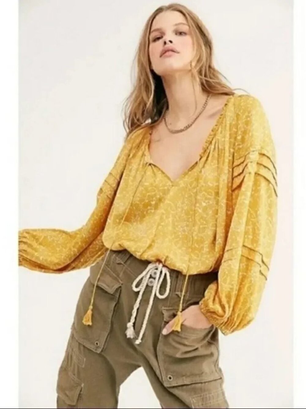 Intimately Free People All Tucks Printed Boho Blouse Bodysuit Yellow Size Small